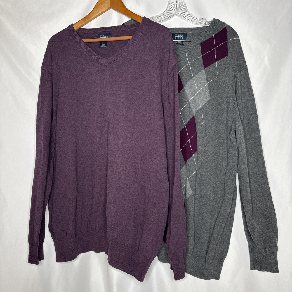 2 Harbor‎ Bay HB Mens 1XLT  V-Neck Pullover Sweaters Purple Gray Argyle